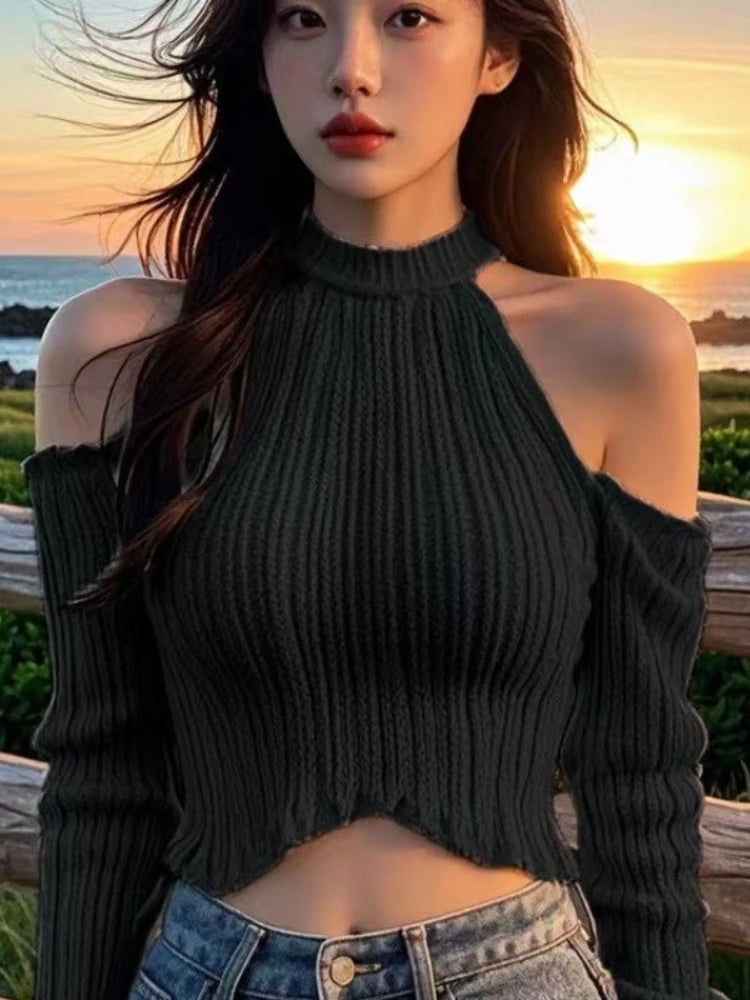 2025 Solid Elegant Off Shoulder Ribbed Crop Tops Autumn Fashion Casual Skinny Long Sleeve Camis Gentle Y2K Tight T-shirts