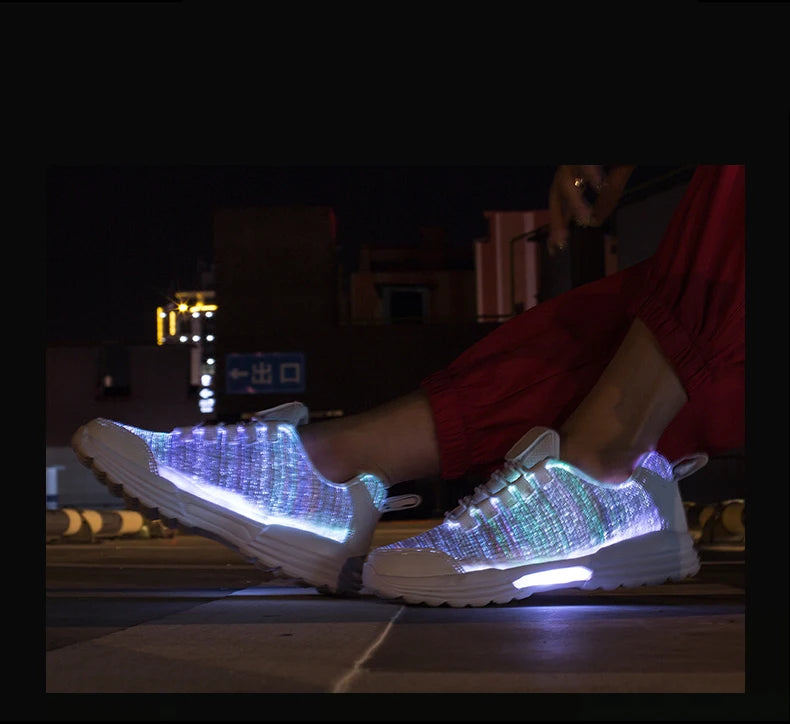 Men Fashion LED Shoes Light Up Sneakers USB Recharging Fiber OPTIC Cloth Elastic Sole Glowing Luminous Flashing Casual Shoes