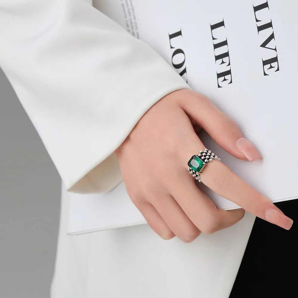 925 Sterling Silver Green Zircon Adjustable Open Rings For Women Engagement Luxury Quality Jewelry