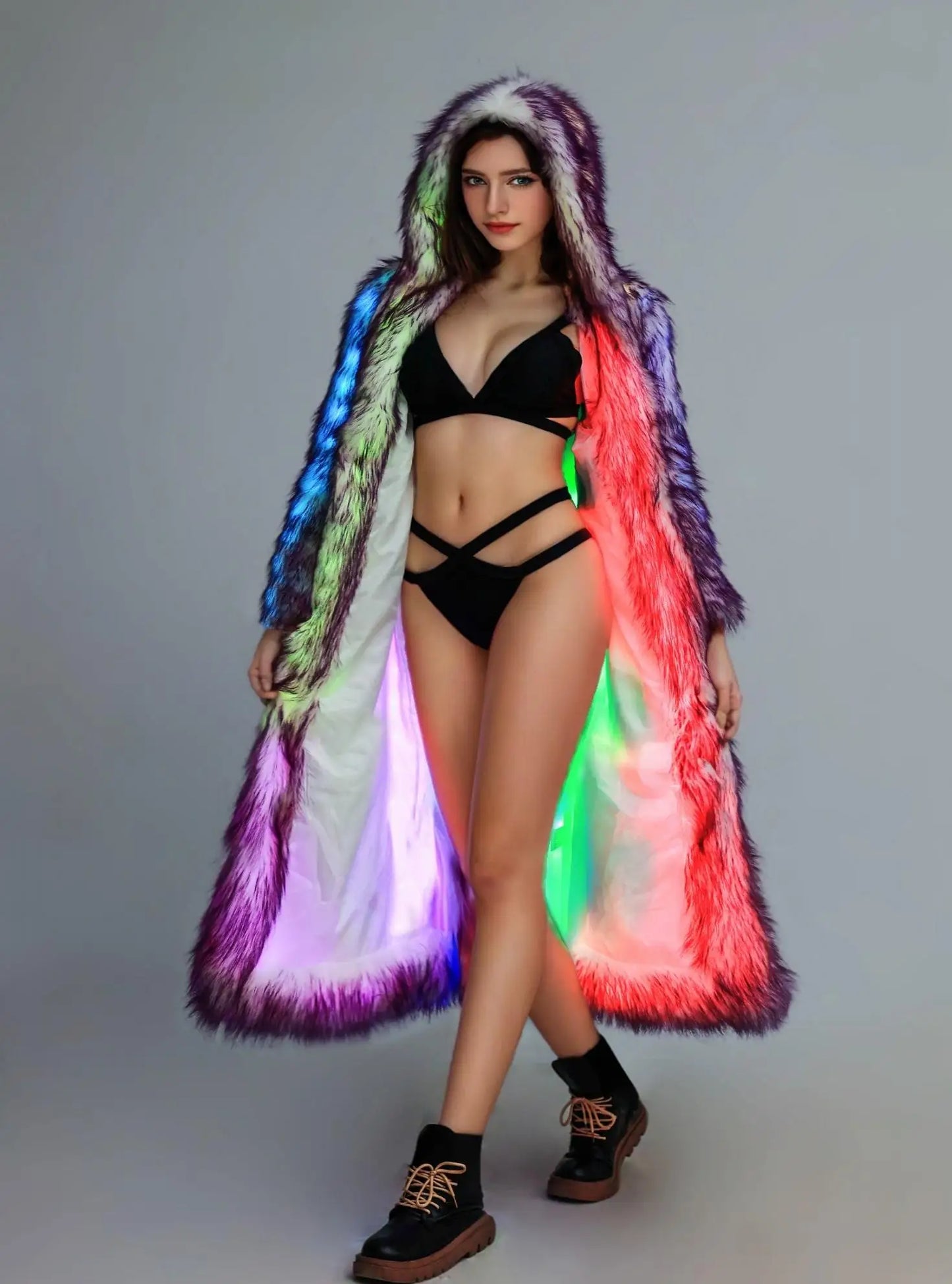 New LED Costume Faux Fur Coat Remote Controlled LED Lighting Festival And Party Costume Women Faux Fox Fur Coat