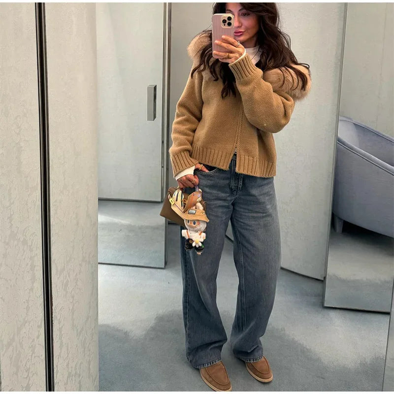 2025 Autumn Casual Fur Collar Sweater Coat Women's Solid Loose Long Sleeve Zippers Pullover New Ladies Fashion Office Tops