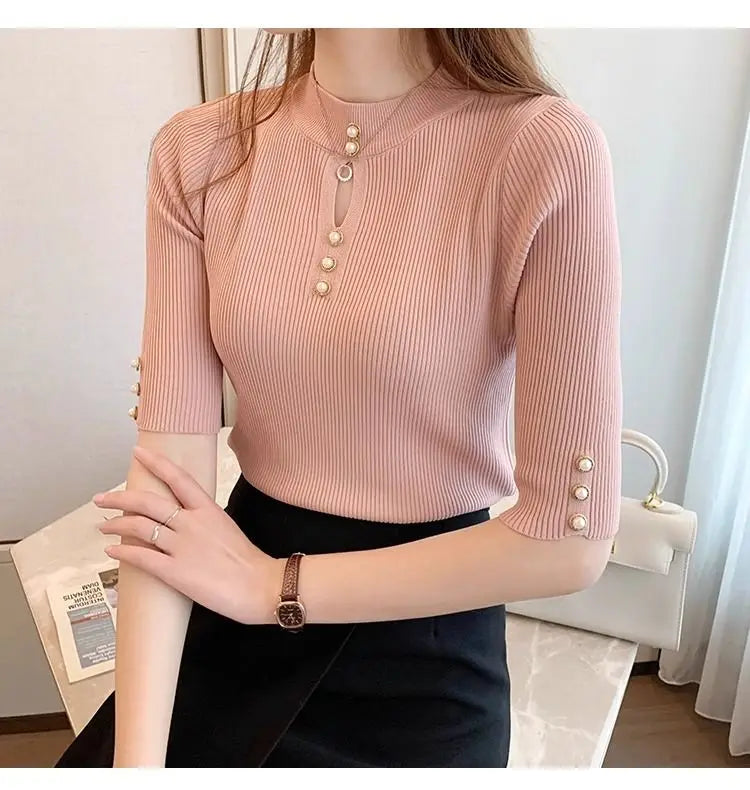 2025 Spring Autumn Korean Fashion Solid Sweater Women Short Sleeve Tops Pull Femme Casual Slim Female Pullover Knitted Clothes