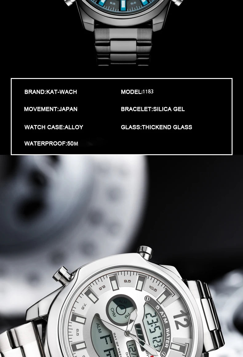 KAT-WACH double display men's watch multi-color steel strip watch led light alarm clock calendar week display