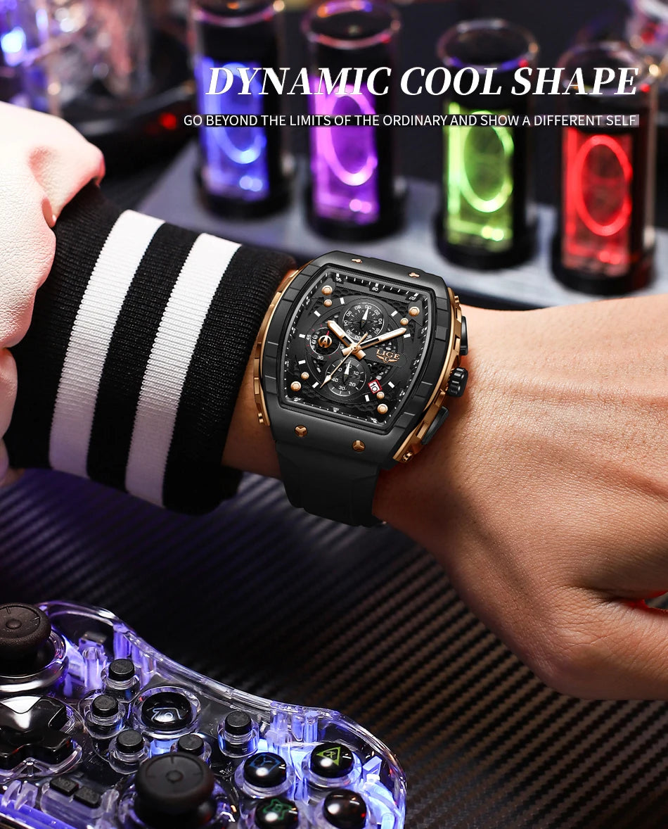 LIGE Waterproof Watches For Men Original Brand Luxury Silicone Square Men's Quartz Wristwatch Fashion Military Chronograph Male