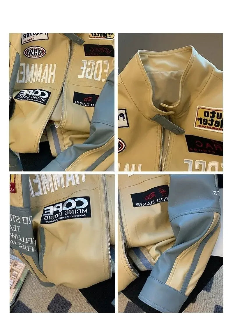 Motorcycle pu leather jacket coat baseball jacket pink american style women autumn and winter fried street high level clothes