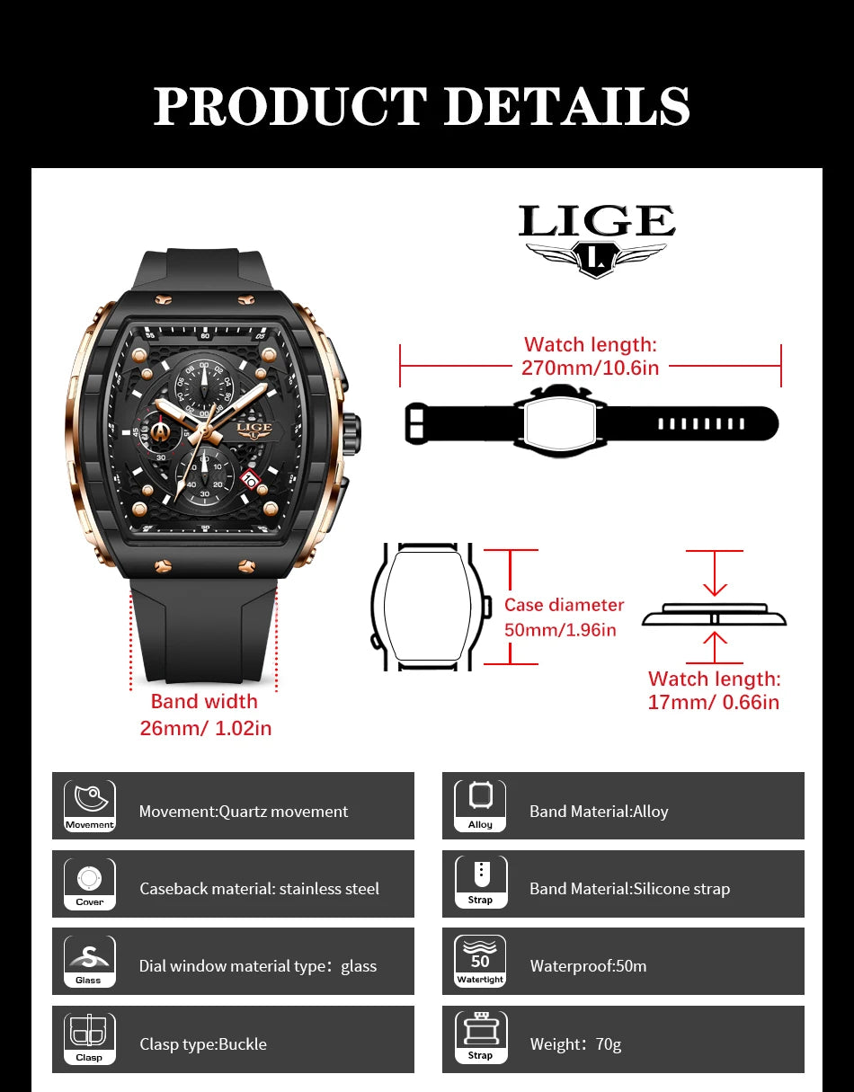 LIGE Waterproof Watches For Men Original Brand Luxury Silicone Square Men's Quartz Wristwatch Fashion Military Chronograph Male