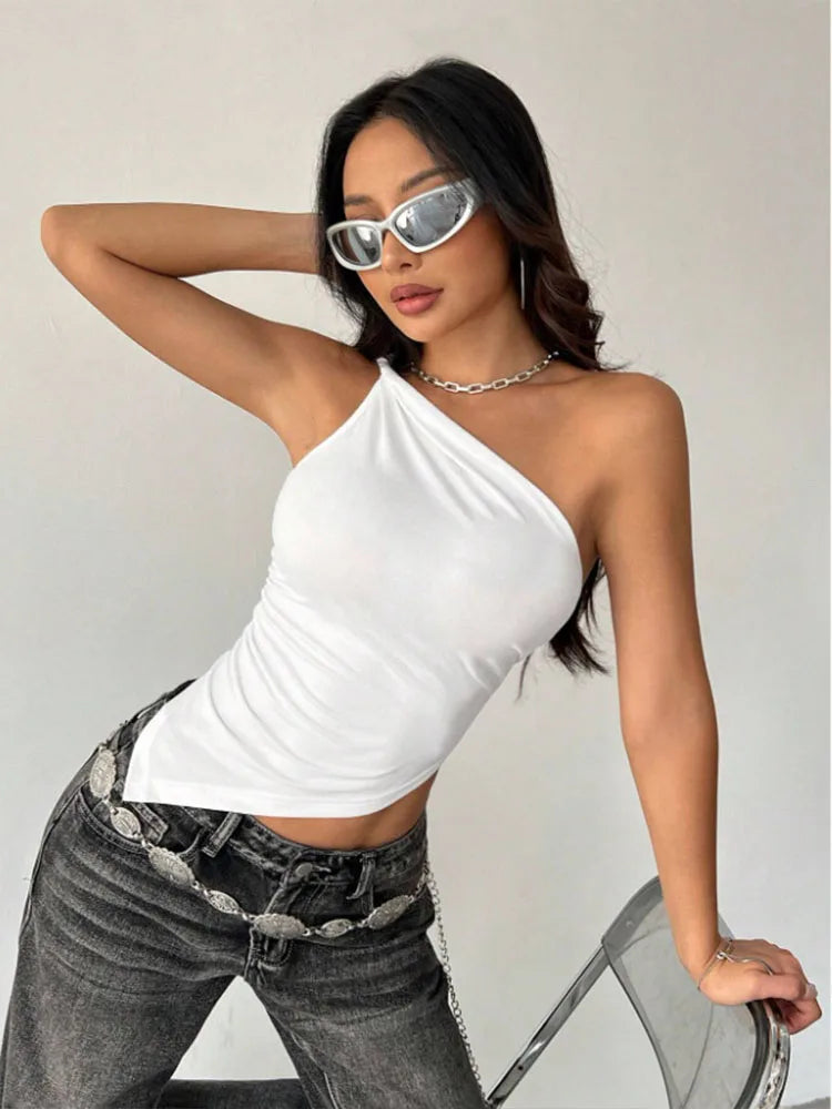 2025 Fashionable Women's Casual T-Shirt Solid Color Single Shoulder Asymmetrical Slim Fit One-Piece Neck Top