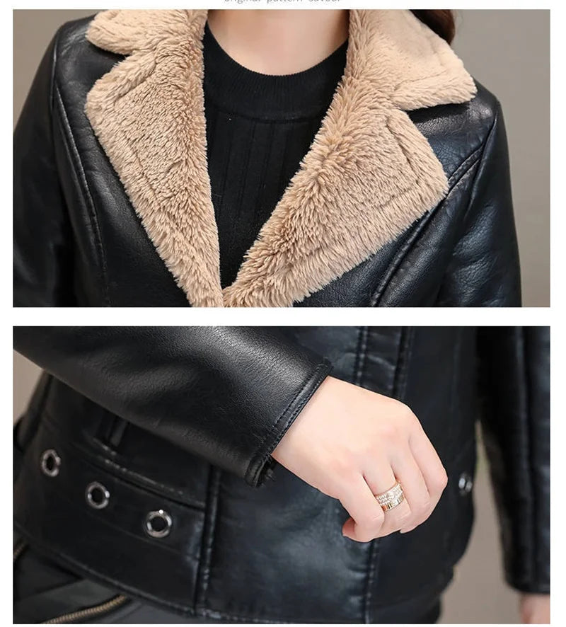 2022 New Winter PU Leather Jacket Women Short Blazers Coat Fleece Double-faced Fur Leather Outerwear Lady Slim Suit Tops Jackets
