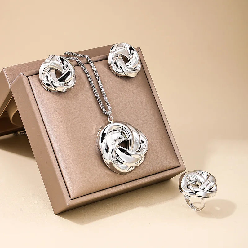 Fashion Jewelry Sets For Women Exaggerated CCB Smooth Twist Necklace Ring Earrings Gift Holiday OL DS003