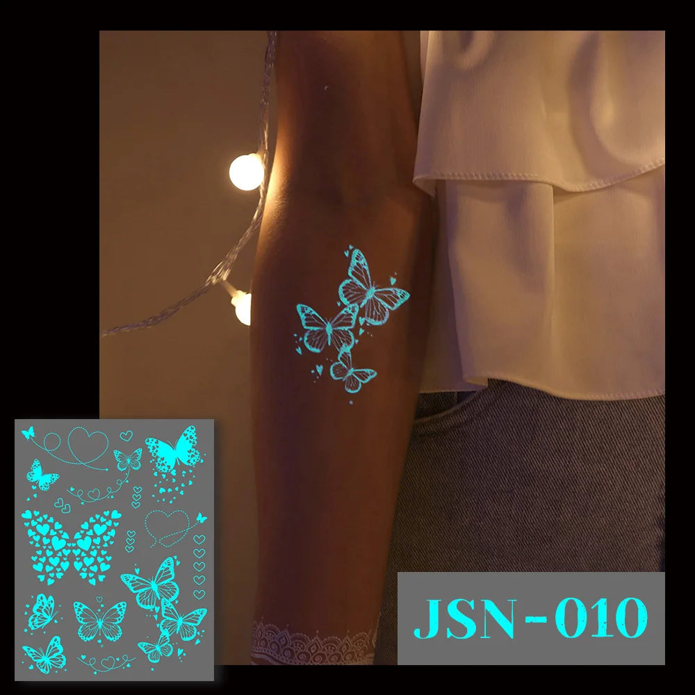 5pcs Blue Luminous Glow Waterproof Temporary Tattoo Sticker Line Star Butterfly Flash Tatto Women Men Arm Body Art Fake Tattoos