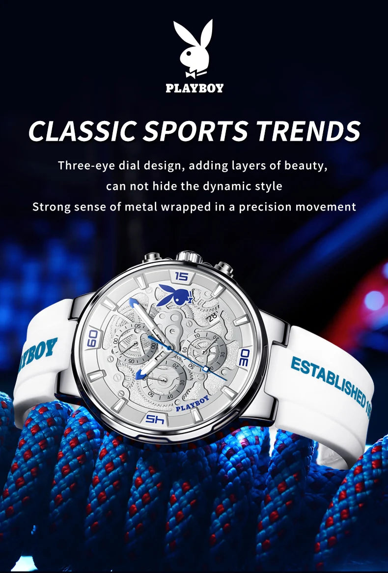 PLAYBOY Top Brand Trend Quartz Watch for Men Original Silicone Strap Men's Watches Waterproof Calendar Multifunction Male Watch