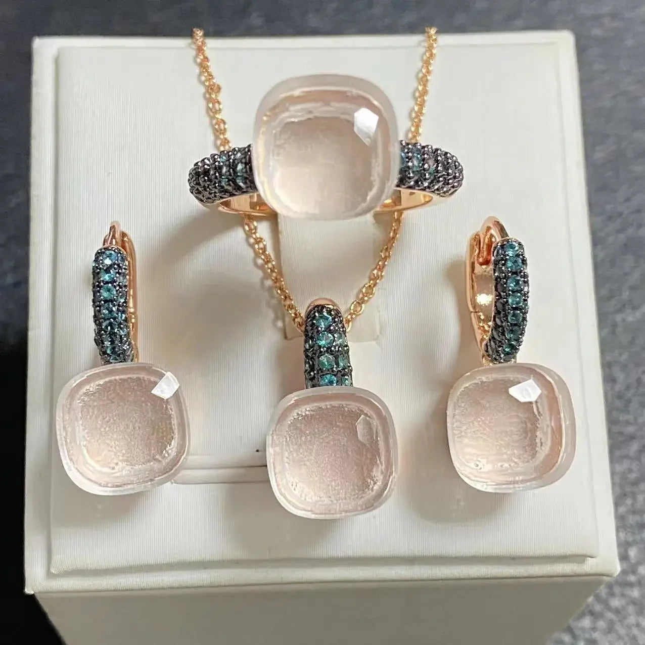 3Pcs Gun Black Plated Blue Zircon Jewelry Set for Women Includes Ring Earrings Necklace Elegant Crystal Blue Topaz Matching Gift