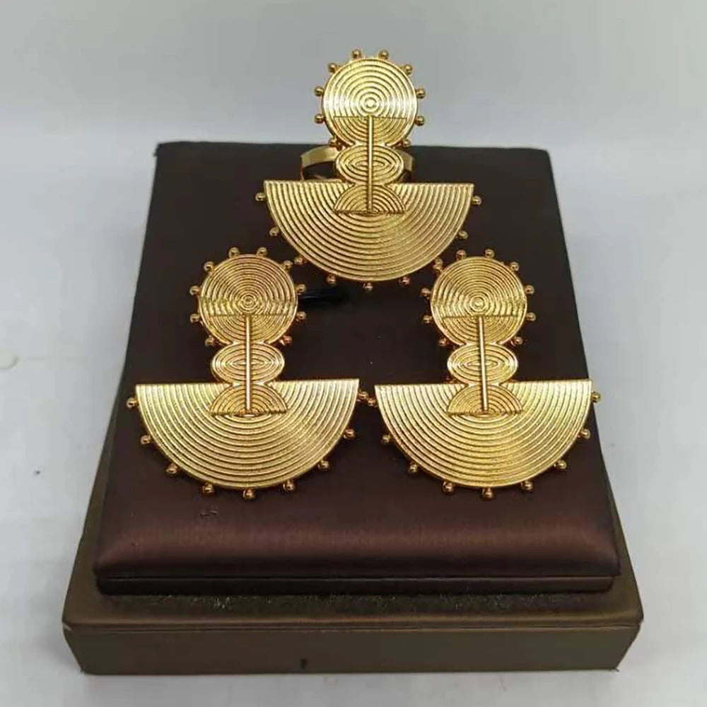 African Gold Plated Earrings and Ring Jewelry Set for Women New Design Earrings and Finger Ring Set for Brazilian Jewellery Gift