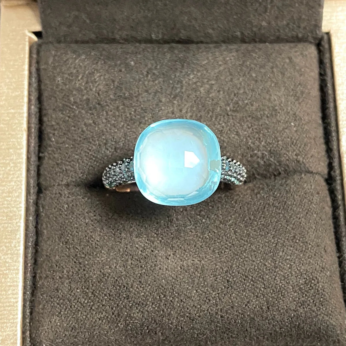 Blue Topaz Ring Inlay Black Zircon With Black Gun Plated 12.6mm Flat Crystal Ring For Women Party Fashion Jewelry Gift