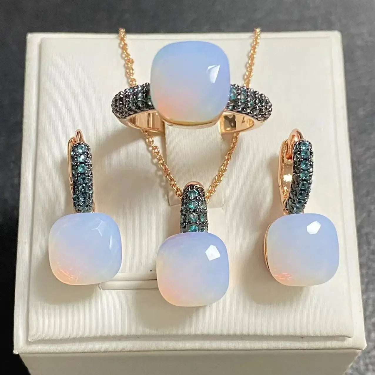 3Pcs Gun Black Plated Blue Zircon Jewelry Set for Women Includes Ring Earrings Necklace Elegant Crystal Blue Topaz Matching Gift