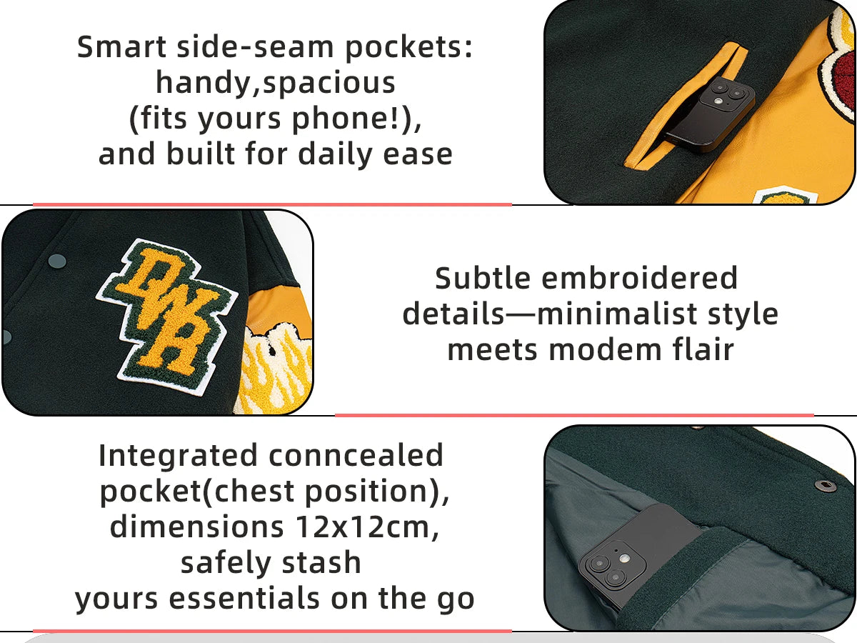 Mens Casual Jacket Bomber Embroidered Varsity Jacket Windbreaker BomberStyle Flaming Basketball Color Block Outwear