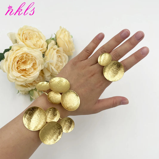 Arab Luxury Gold Plated Bracelet Ring Bold Design Copper Large Bangle Jewelry Set Women Fashion Christmas Gift Wedding Jewelry