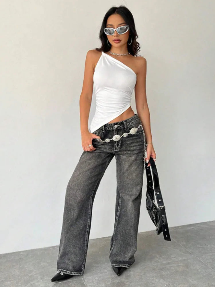 2025 Fashionable Women's Casual T-Shirt Solid Color Single Shoulder Asymmetrical Slim Fit One-Piece Neck Top