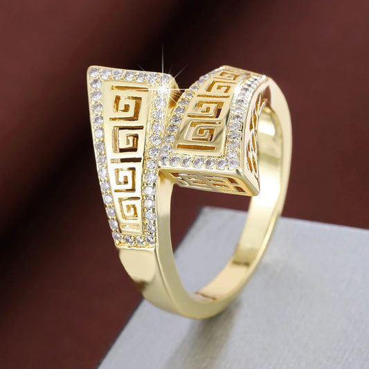 European American style retro patterned ring with zircon inlay fashionable geometric ring for daily wear