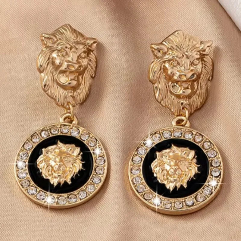 Stud Earrings For Women Vintage Lion Head Glass Geometric Party Gift OL Holiday Fashion Jewelry Ear Accessories CE150