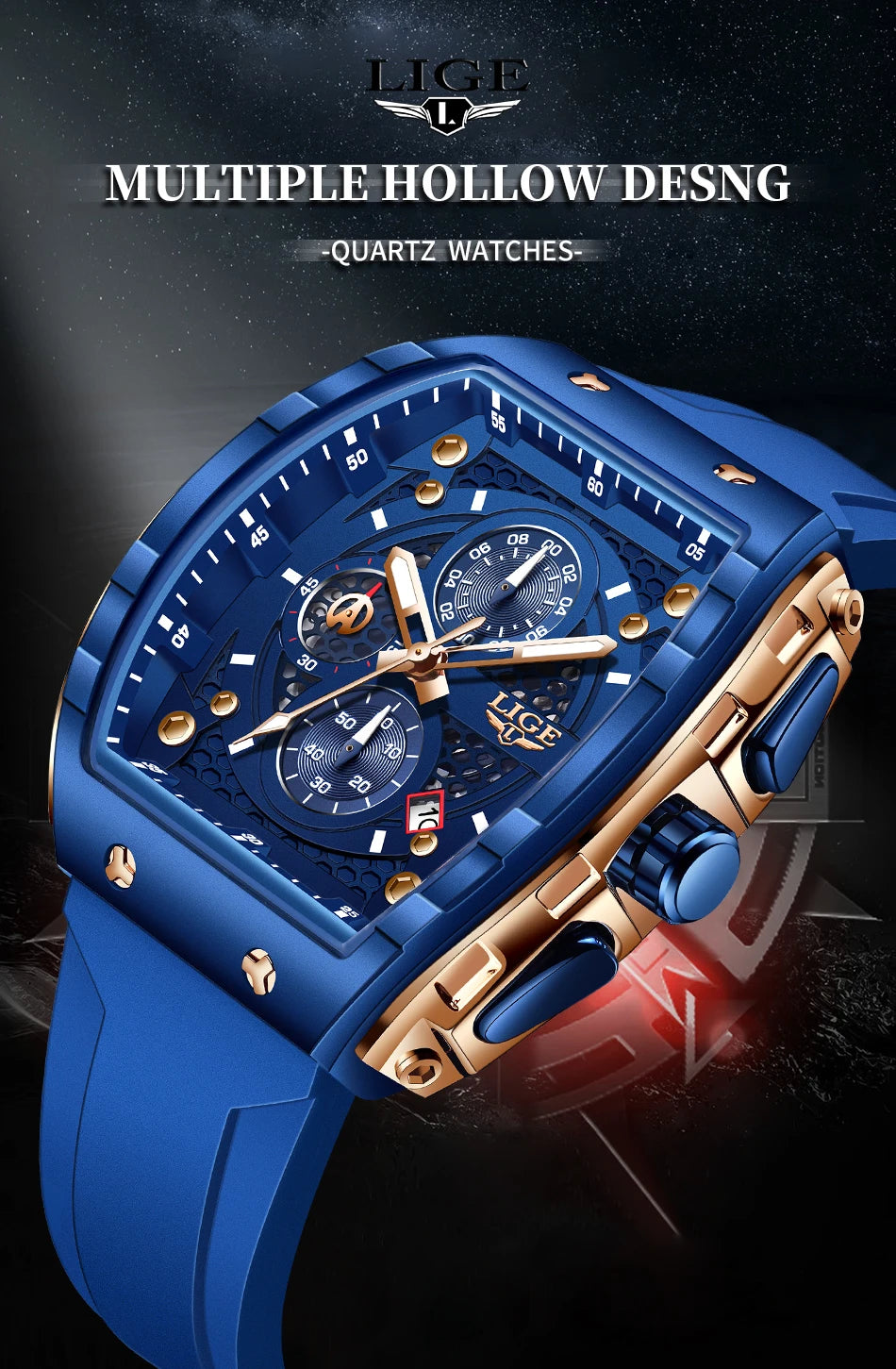 LIGE Top Brand Men's Watches Luxury Square Quartz Wristwatch Waterproof Luminous Chronograph Watch for Men Date Clock