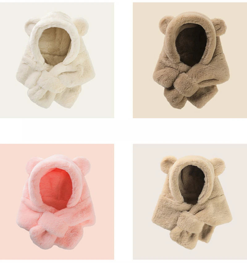 Winter Baby Hat Scarf One-Piece Faux Fur Kids Hats Cartoon Bear Warm Neck Ear Cap for Boys Girls Windproof Beanies Infant Stuffs