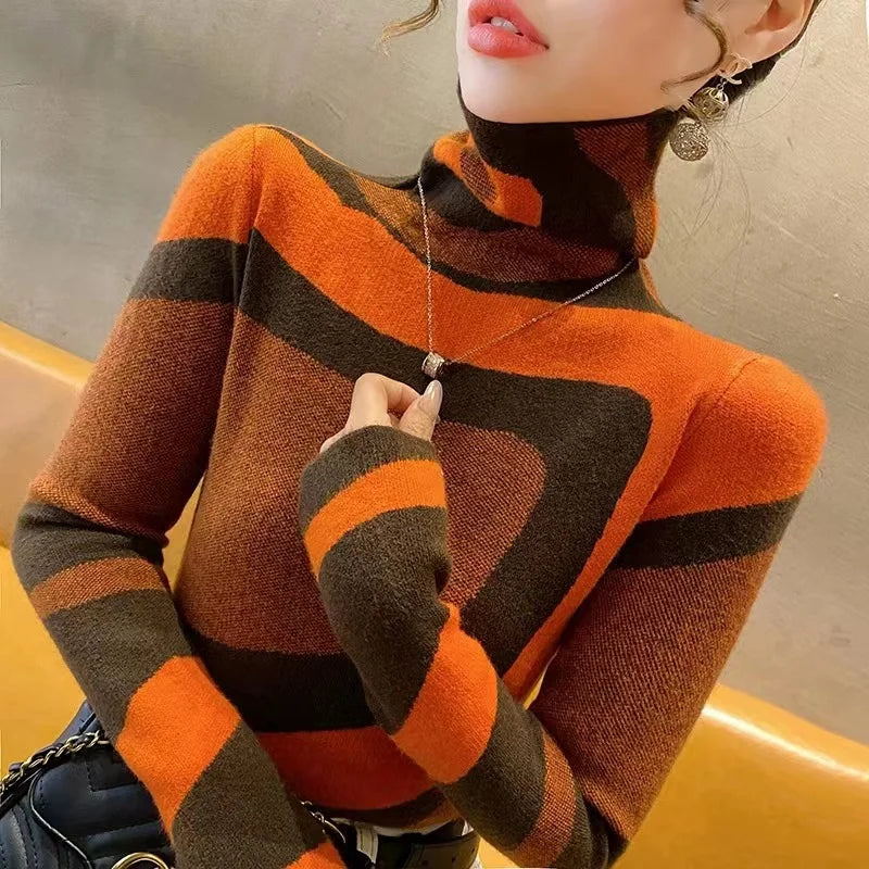 Women Clothing Fashion All-match Slim Knit Pullovers Autumn Winter Elegant Chic Geometric Patchwork Sweaters Office Lady Y2k Top