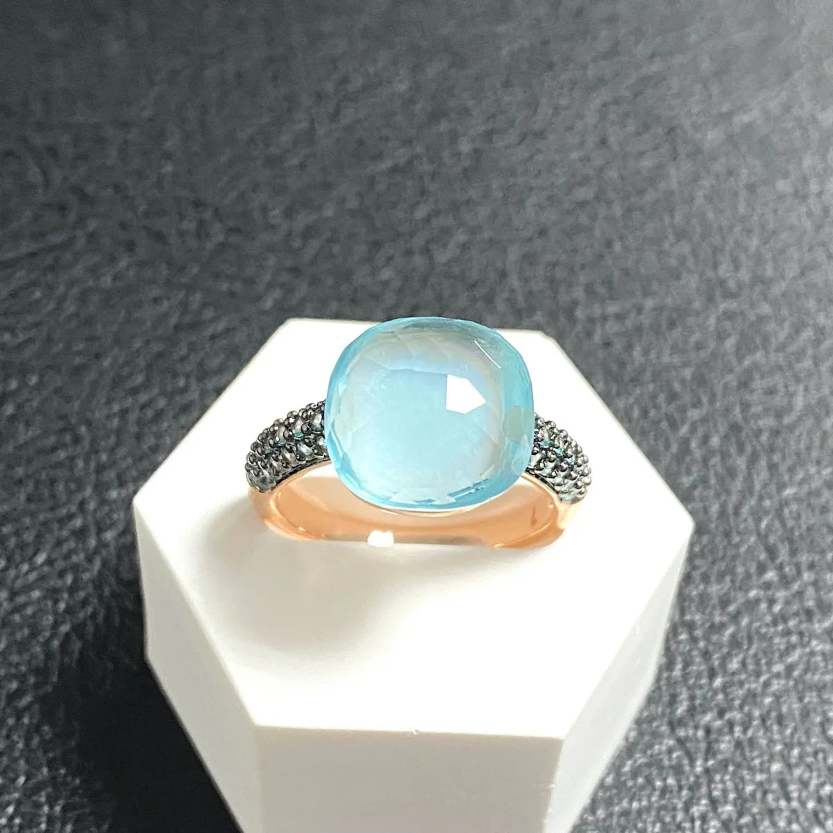 Blue Topaz Ring Inlay Black Zircon With Black Gun Plated 12.6mm Flat Crystal Ring For Women Party Fashion Jewelry Gift