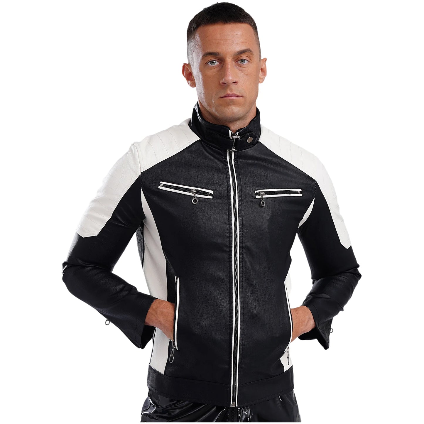 Mens Racing PU Leather Jackets Coat Long Sleeve Front Zipper Outerwear Windproof Motorcycle Biker Racer Bomber Jacket Streetwear