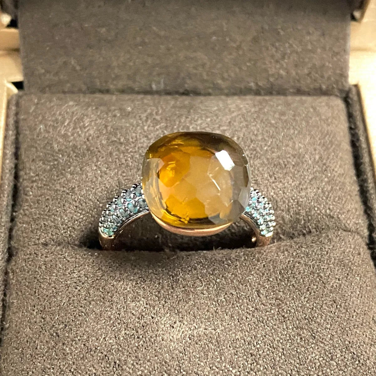 Blue Topaz Ring Inlay Black Zircon With Black Gun Plated 12.6mm Flat Crystal Ring For Women Party Fashion Jewelry Gift