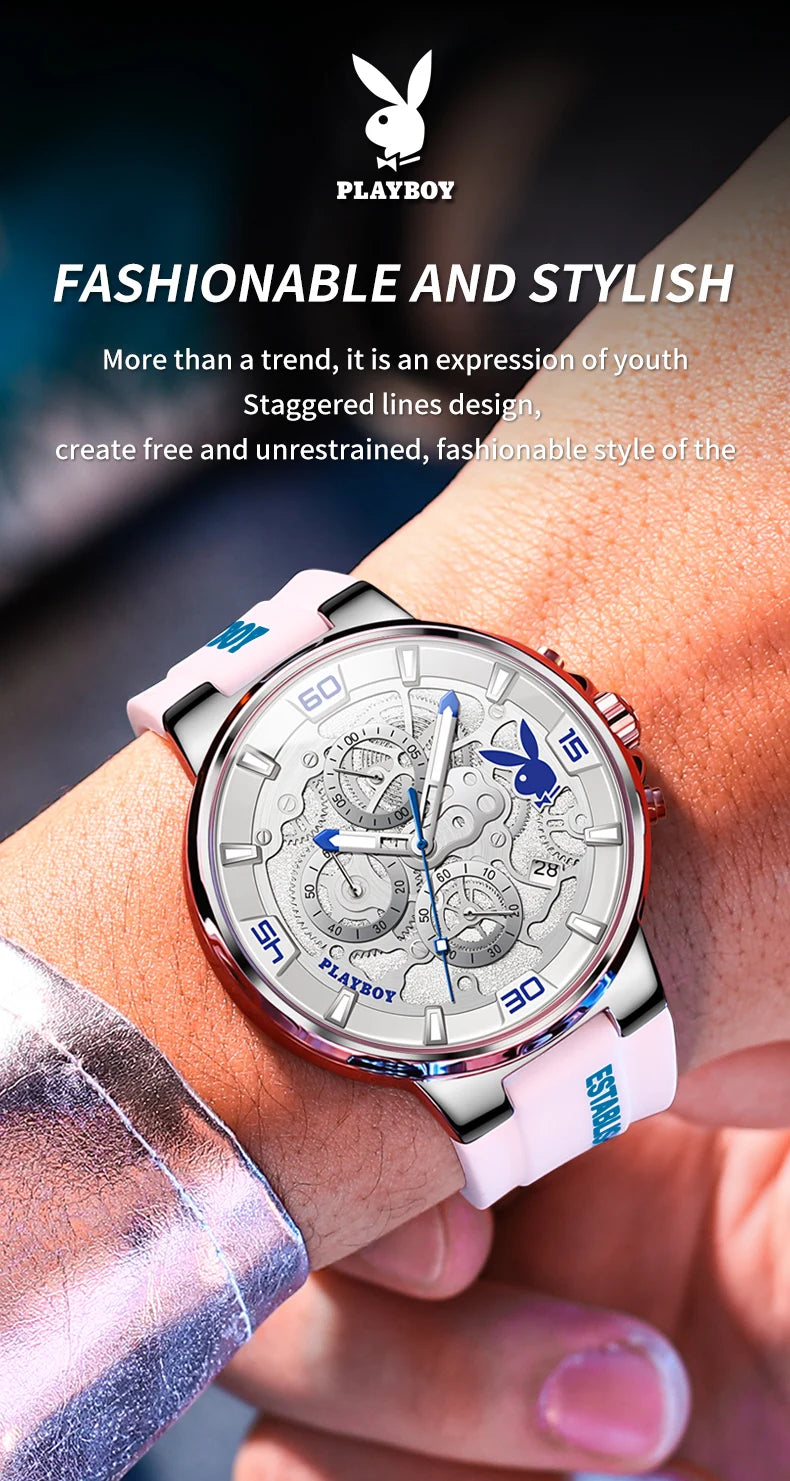 PLAYBOY Top Brand Trend Quartz Watch for Men Original Silicone Strap Men's Watches Waterproof Calendar Multifunction Male Watch