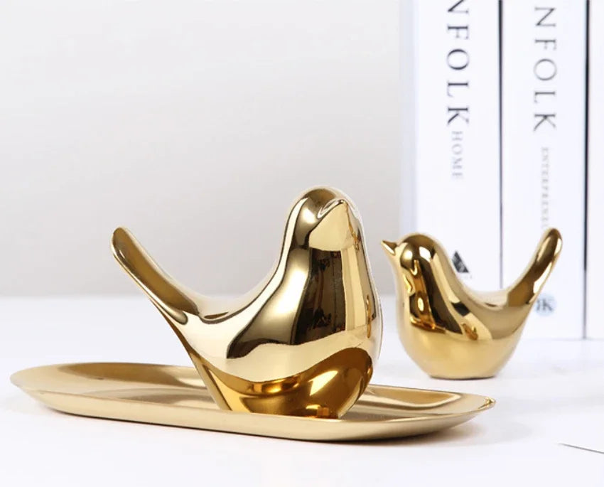 Modern Simple Luxury Golden Ceramic Bird Figurines Home Decoration Accessories Golden Bird Figures Decorative Wedding Ornaments