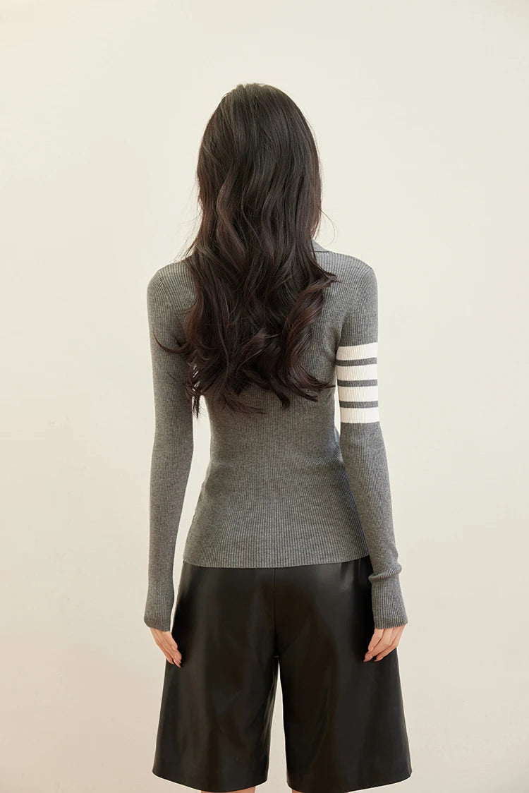 H Han Queen Spring Autumn Zipper Tops Slim Knitted Bottom Shirt Women's Sweater Striped  Casual Knitted Pullover Sweater