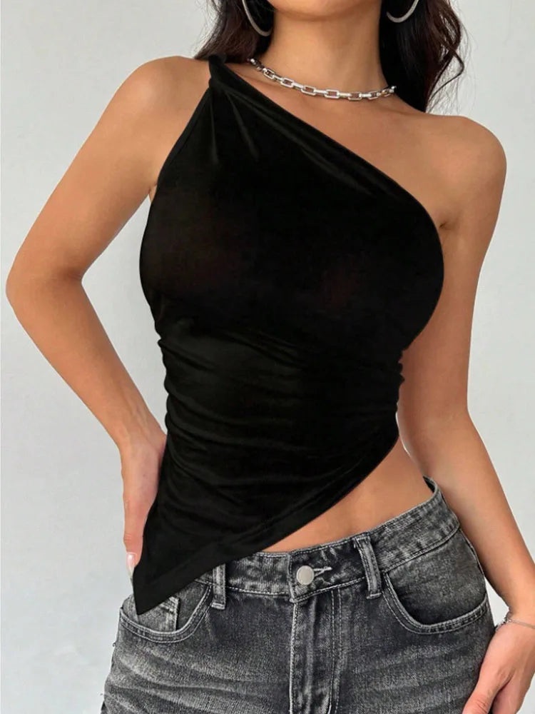 2025 Fashionable Women's Casual T-Shirt Solid Color Single Shoulder Asymmetrical Slim Fit One-Piece Neck Top