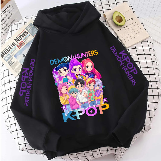 Cute Girls Hooded Sweatshirt Warm Rumi KPop Demon Hunter Cartoon Children's Wave Fashion Casual Tops Casual Black Pink Clothing