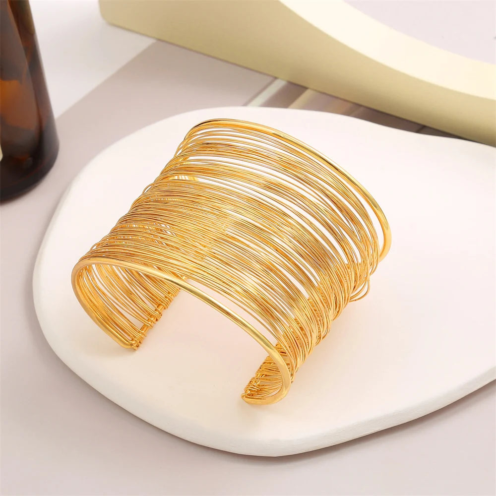 Vintage Hyperbolic Layered Gold Plated Wide Wire Bracelet Cuff Bangle for Women Exaggerated Wrist Wrap Bangle Hand Jewelry Gift