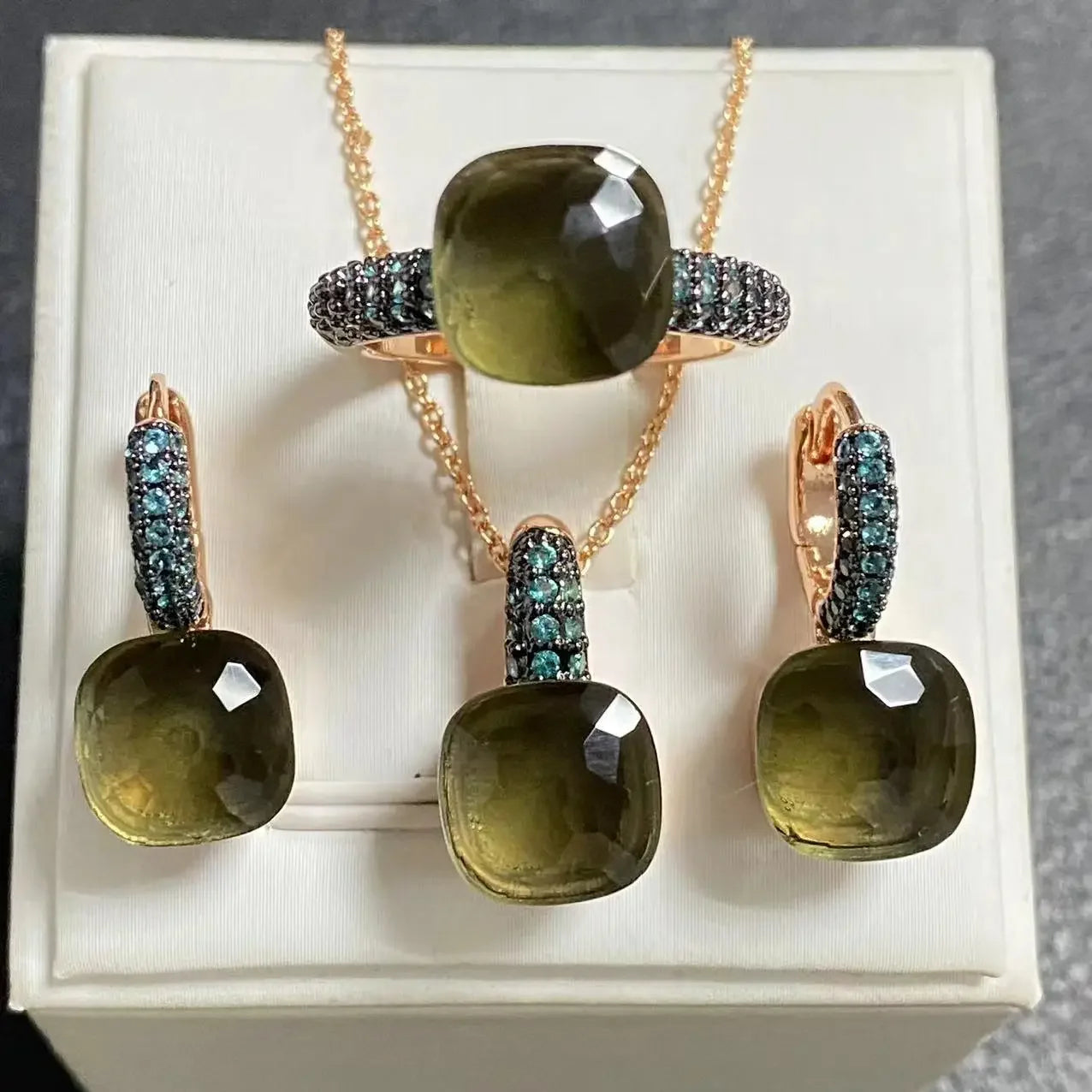 3Pcs Gun Black Plated Blue Zircon Jewelry Set for Women Includes Ring Earrings Necklace Elegant Crystal Blue Topaz Matching Gift