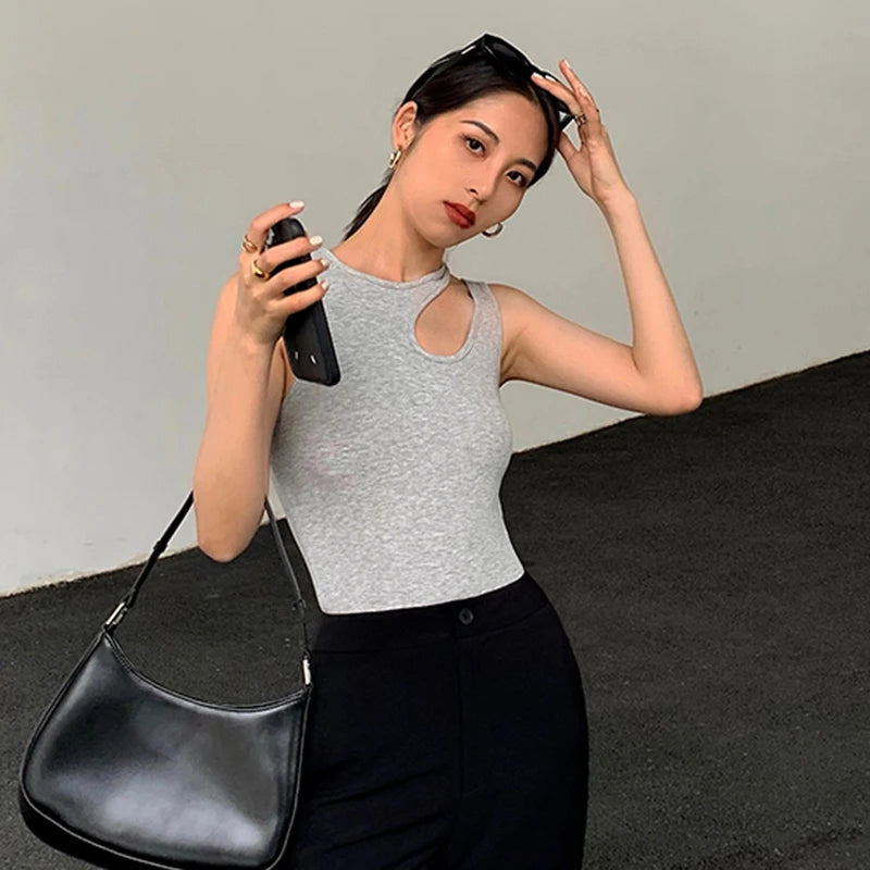 Casual y2k White Cut Out Women's T Shirt Sleeveless Slim T Shirts Female Clothing 2024 Summer Fashion crop top women camisetas
