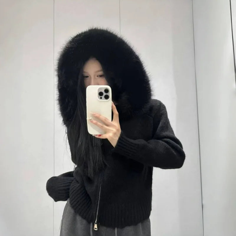 2025 Autumn Casual Fur Collar Sweater Coat Women's Solid Loose Long Sleeve Zippers Pullover New Ladies Fashion Office Tops