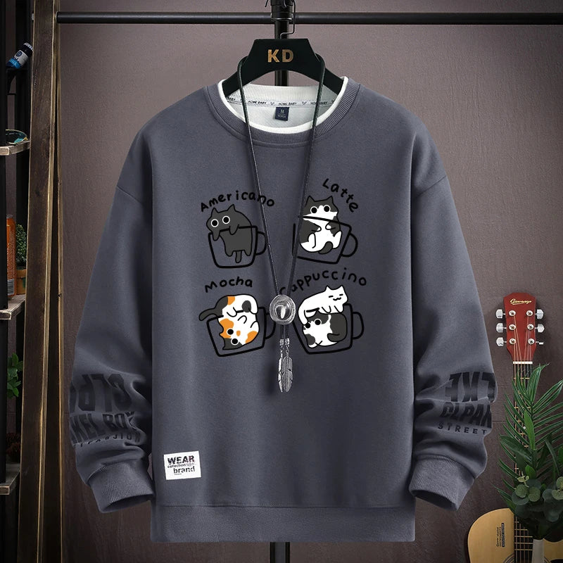 Spring Men's Sweatshirt Japan Cartoon Cats Printed Long Sleeve T-shirt Fashion Men's Clothing Khaki O Neck Harajuku Top 2024 New