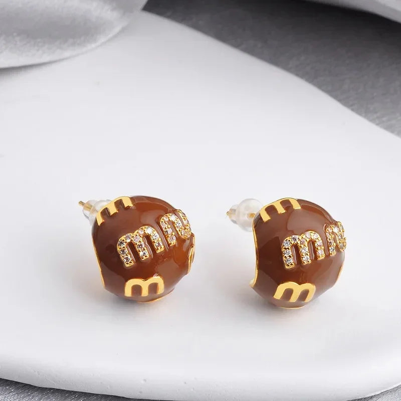 2025 Korea New Design Fashion jewelry 18K gold plated enamel letter M earrings elegant women's daily commute accessory