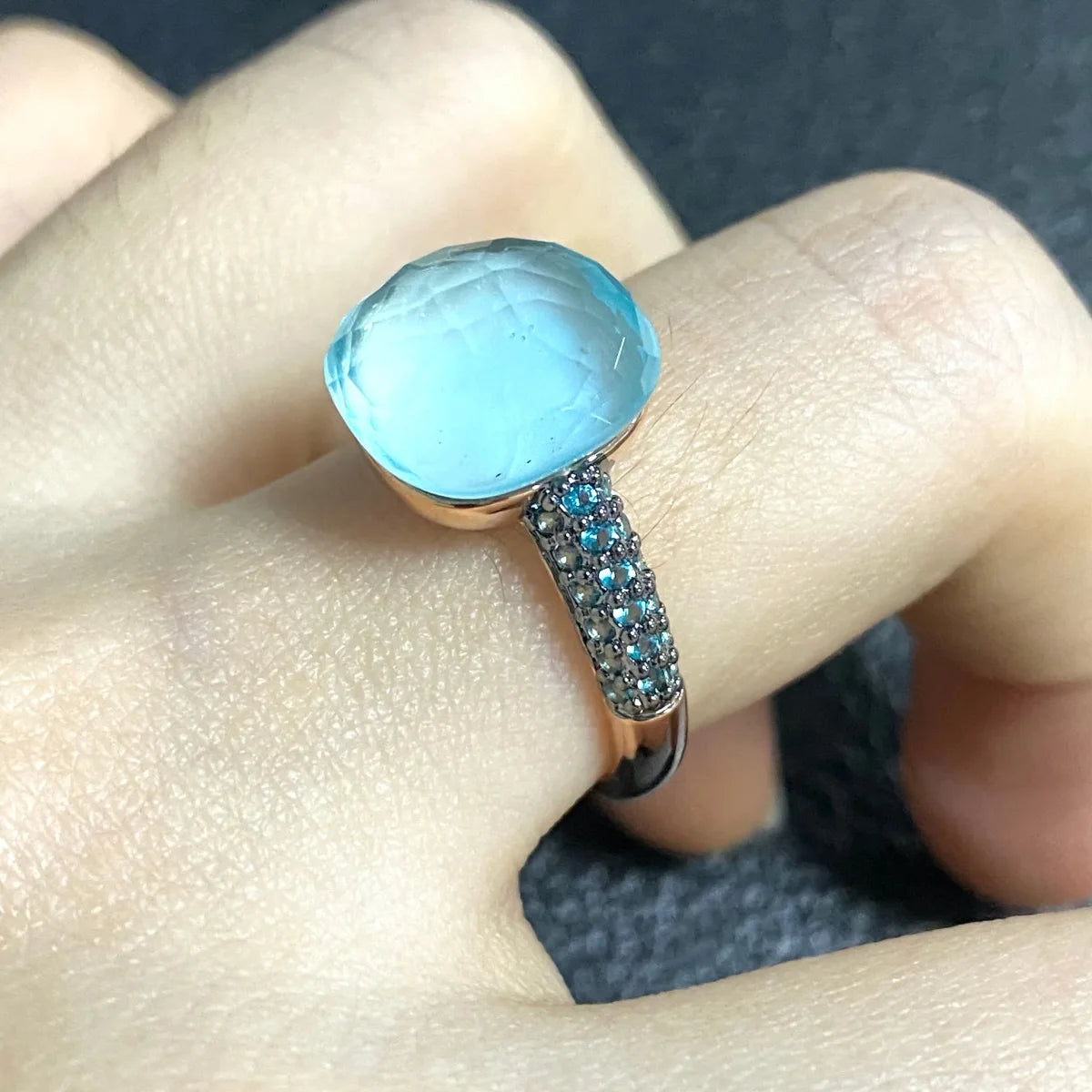 Blue Topaz Ring Inlay Black Zircon With Black Gun Plated 12.6mm Flat Crystal Ring For Women Party Fashion Jewelry Gift