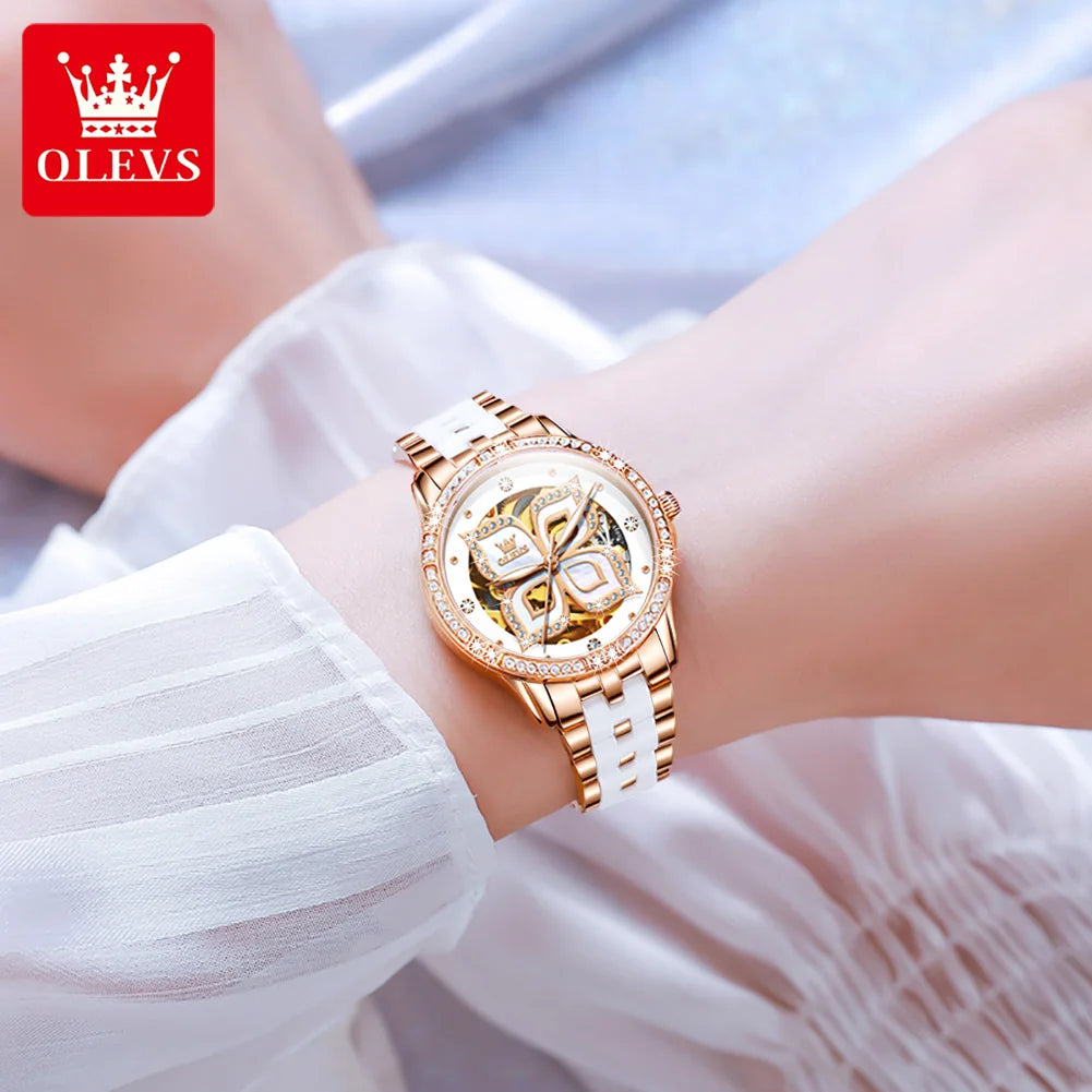 OLEVS 6612 Womens Watch Elegant Fashion Bezel Ceramic Strap Original Mechanical Watch Waterproof Luminous Butterfly Dial Ladies