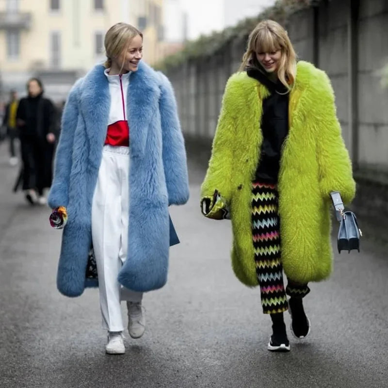 Women  Thick Faux Fur Jacket Colorblock Autumn Winter Maxi Coat Long Warm Luxury Fur  Outerwear