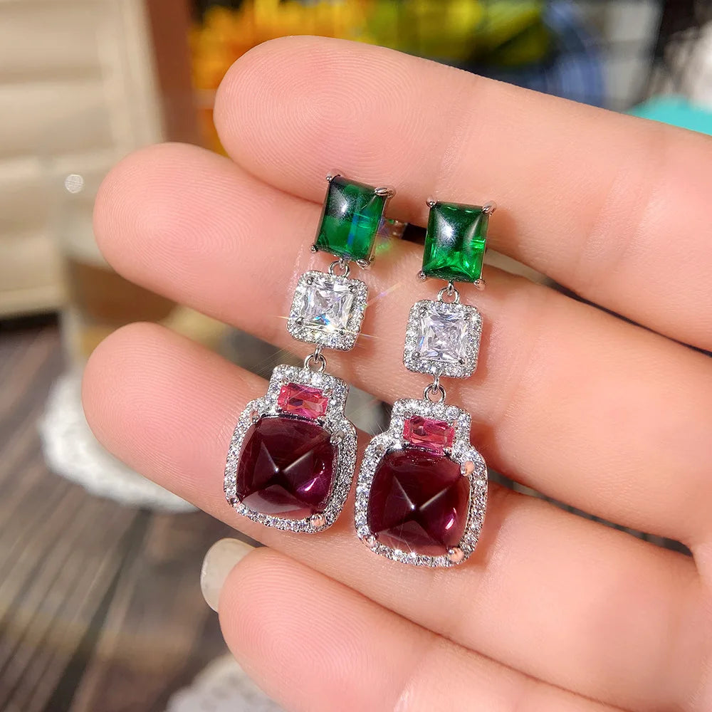 Luxury Square Purple Cubic Zirconia Crystal Earrings  for Women New FashionExquisite Fashion Gold Color Dangle  Wedding Jewelry