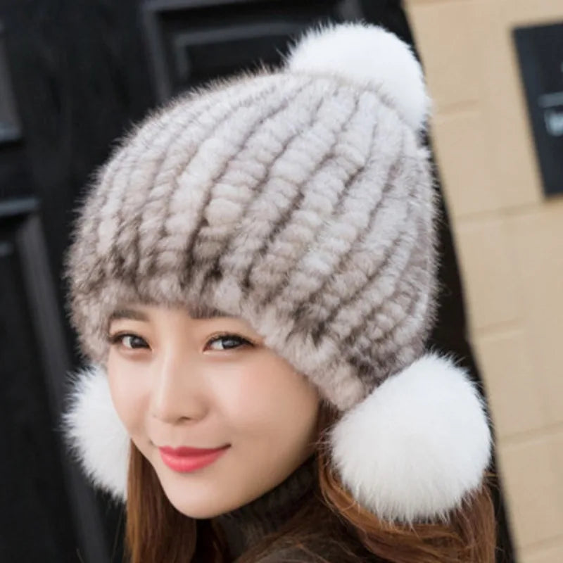 Mink Fur Hat Women Winter Thickened Ear Protection Hat Natural Fur Knitted Caps With Pom Pom Fox Ball Fashion Beanies Fur Hats