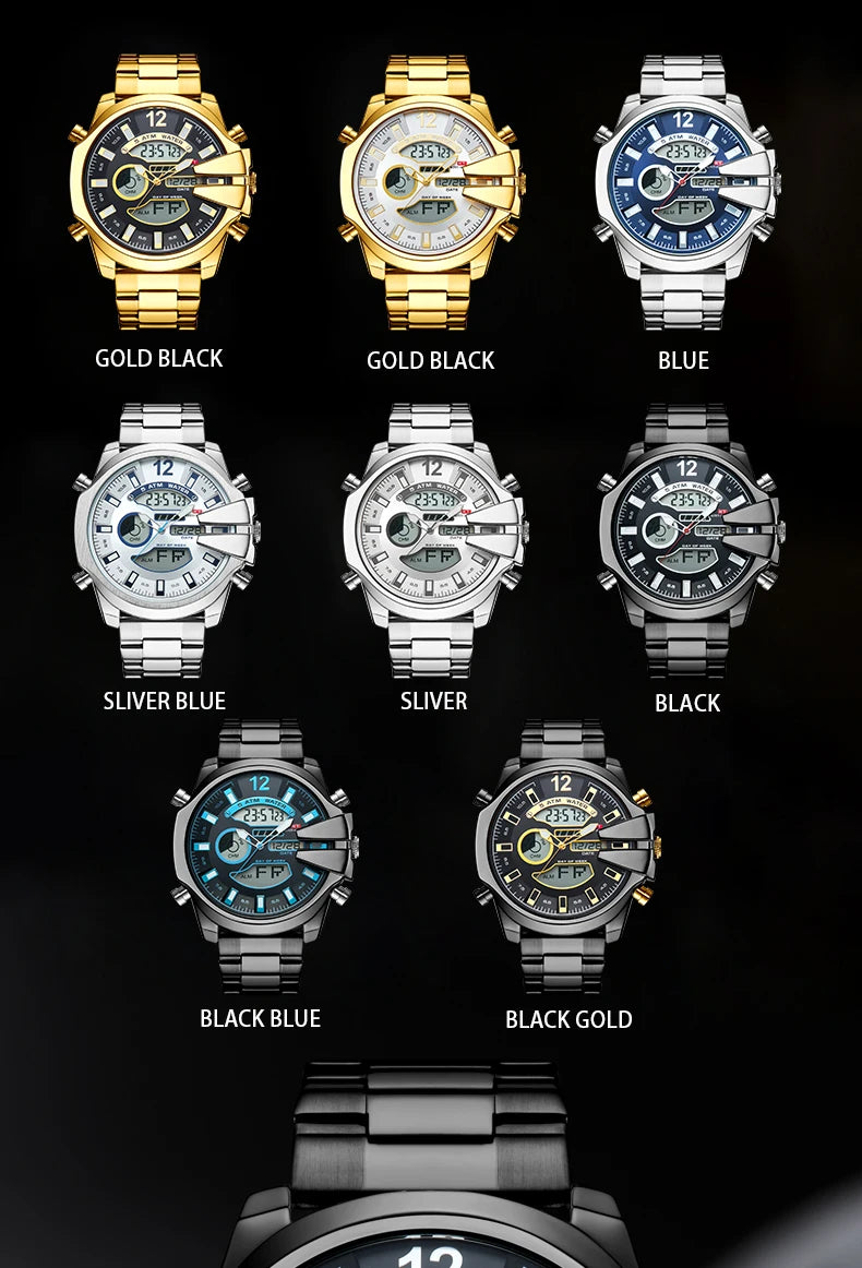 KAT-WACH double display men's watch multi-color steel strip watch led light alarm clock calendar week display