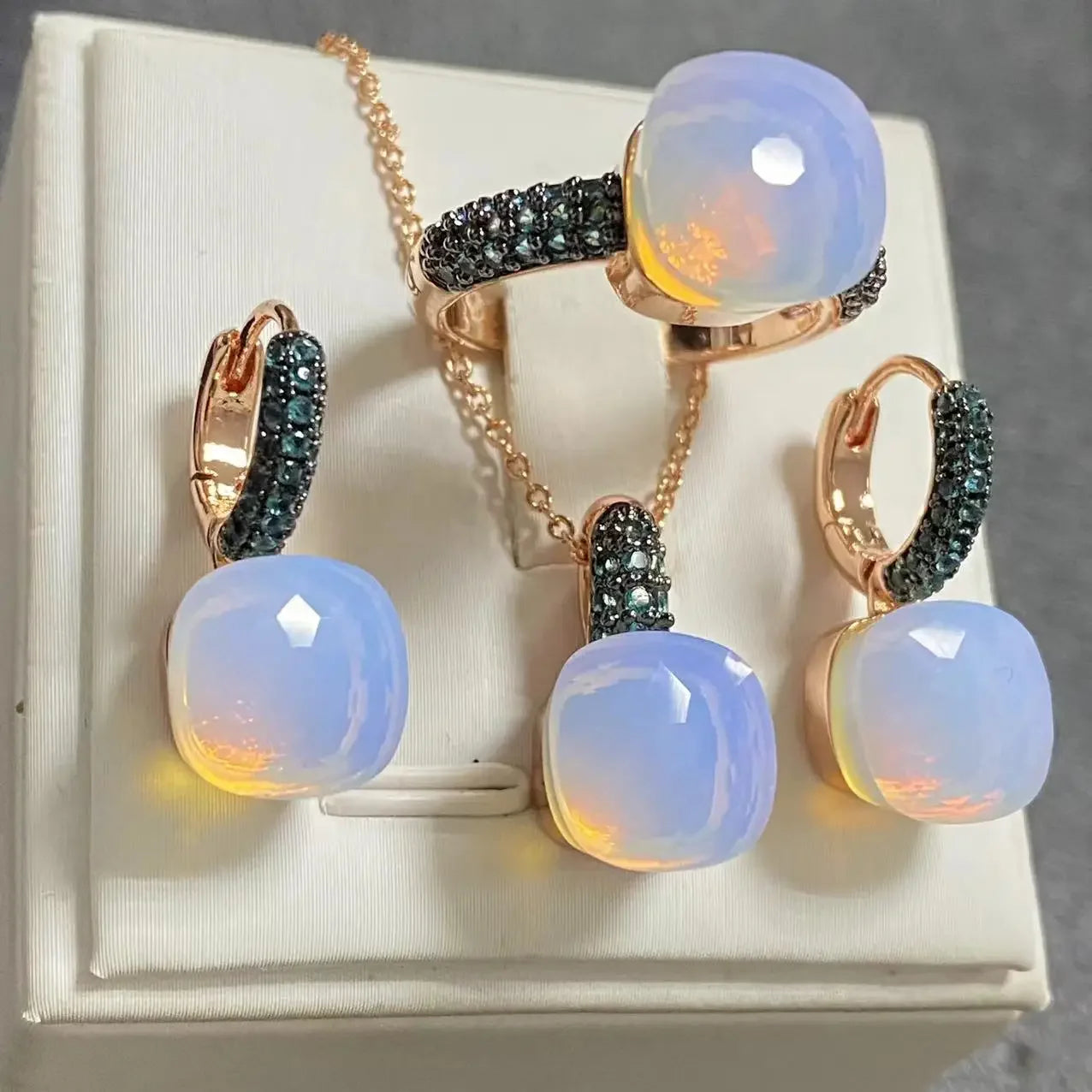 3Pcs Gun Black Plated Blue Zircon Jewelry Set for Women Includes Ring Earrings Necklace Elegant Crystal Blue Topaz Matching Gift