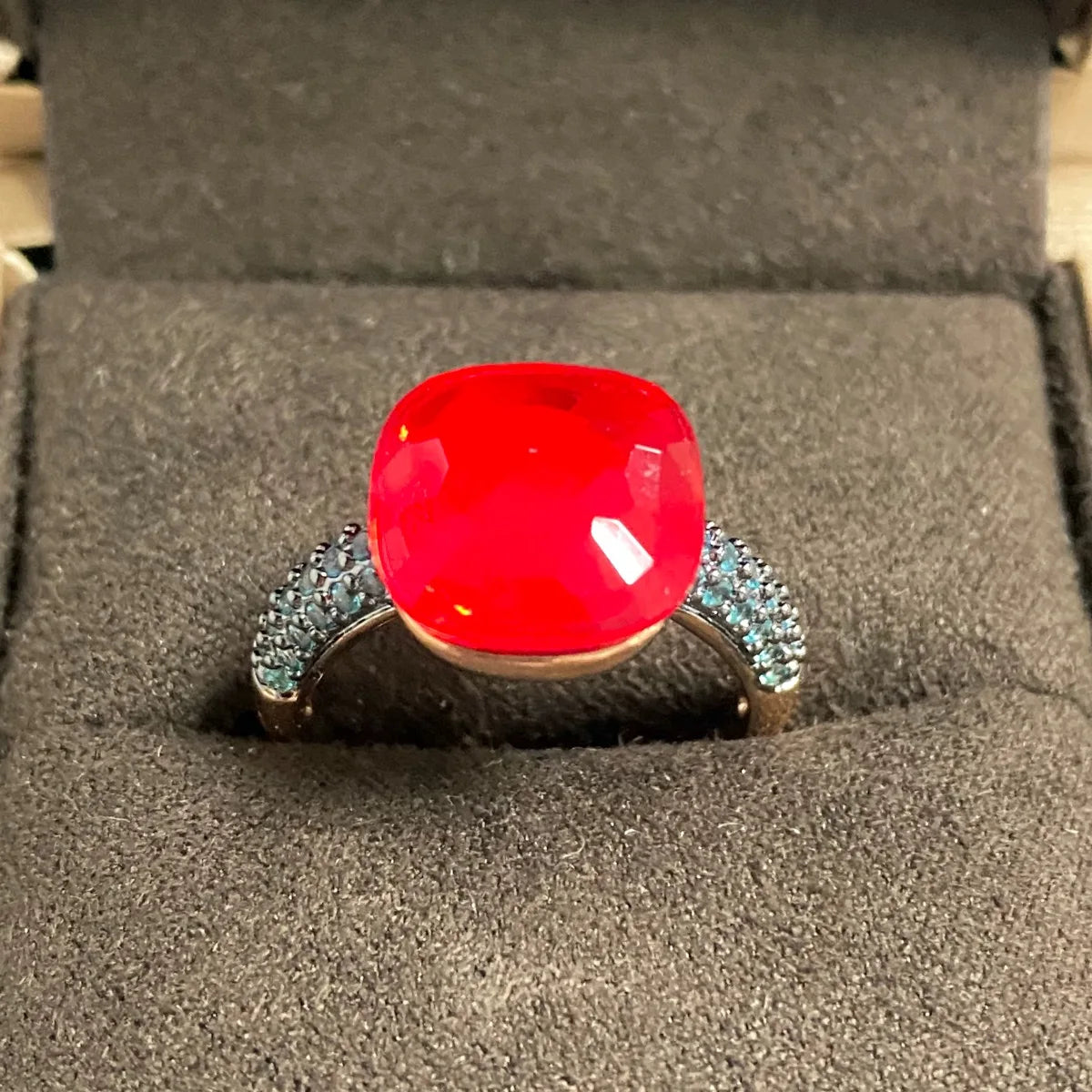 Blue Topaz Ring Inlay Black Zircon With Black Gun Plated 12.6mm Flat Crystal Ring For Women Party Fashion Jewelry Gift