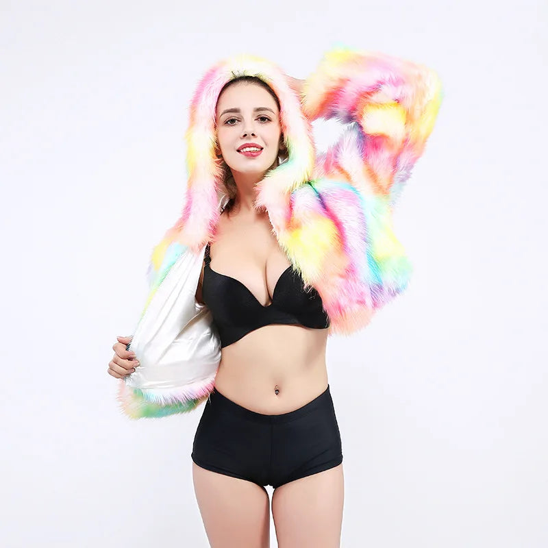 Popular Imitation Fox Fur Coat Female Cosplay Christmas Halloween Colorful LED Lights Carnival Coat